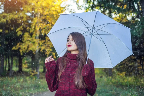 Mutlu genç kadın yağmur altında beyaz bir şemsiye ile Sunny Park'ta yürüyordunuz. Mevsim ve sonbahar ruh kavramı