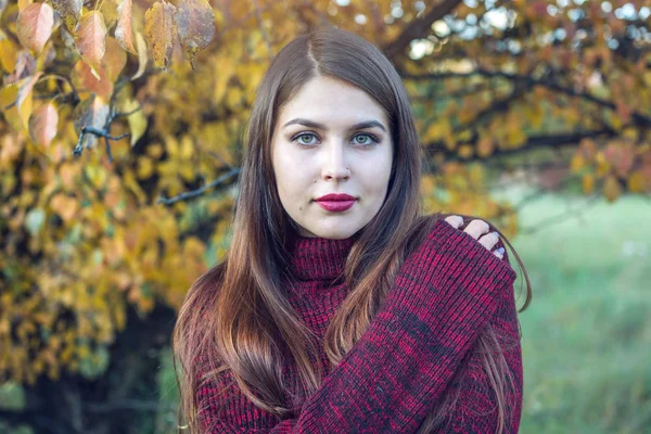 Hermoso retrato colorido de una mujer en un suéter rojo y lápiz labial brillante en el parque de otoño. Concepto de humor otoñal — Foto de Stock