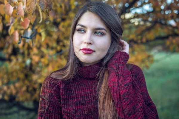 Hermoso retrato colorido de una mujer en un suéter rojo y lápiz labial brillante en el parque de otoño. Concepto de humor otoñal — Foto de Stock