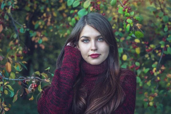 Portrait de femme en robe rouge dans une cerisaie d'automne sombre. Concept pour la conception de l'art de la mode comme fond pour le texte — Photo