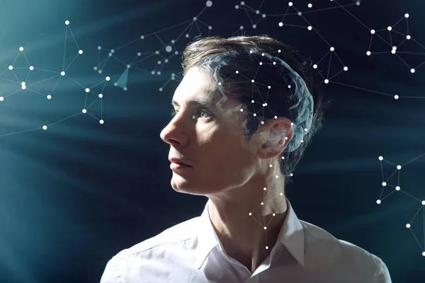 หัวหน้านักธุรกิจที่มีสมองดิจิตอล และการเชื่อมต่อของเซลล์ประสาท แนวคิดเรื่องปัญญาประดิษฐ์ — ภาพถ่ายสต็อก