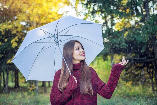 雨の中白い傘と日当たりの良い公園を歩いて幸せな若い女。季節と秋の気分のコンセプト — ストック写真