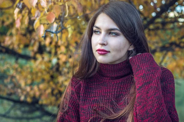 赤いセーターの女性と明るい口紅秋公園の美しいカラフルな肖像画。秋気分のコンセプト — ストック写真
