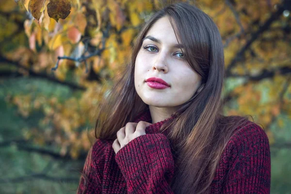 Hermoso retrato colorido de una mujer en un suéter rojo y lápiz labial brillante en el parque de otoño. Concepto de humor otoñal — Foto de Stock