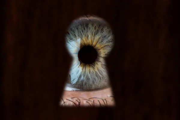 Мужской голубой глаз, смотрящий через замочную скважину. Концепция вуайеризма, любопытства, преследования, наблюдения и безопасности — стоковое фото