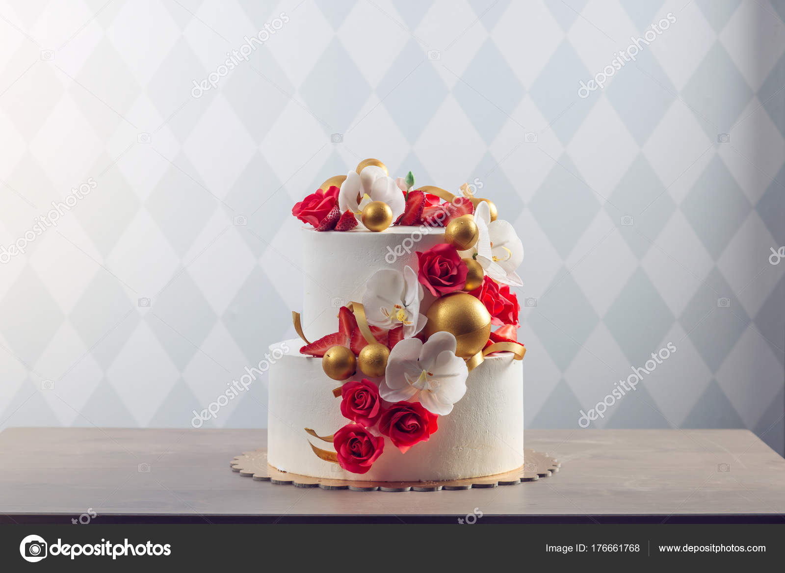 Red And Gold Wedding Cake Beautiful Two Tiered White Wedding