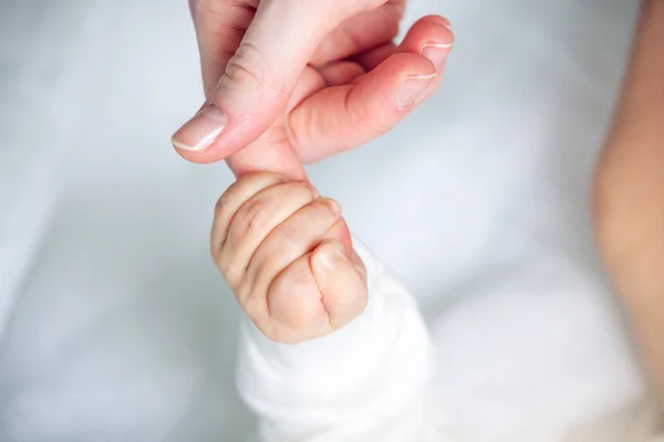 Baby Boy Holding Mother Hand Squeezes Fingers Concept Empathy Trust — Stock Photo, Image