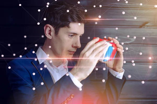 Attractive Young Businessman Suit Uses Colorful Virtual Reality Glasses Dark — Stock Photo, Image