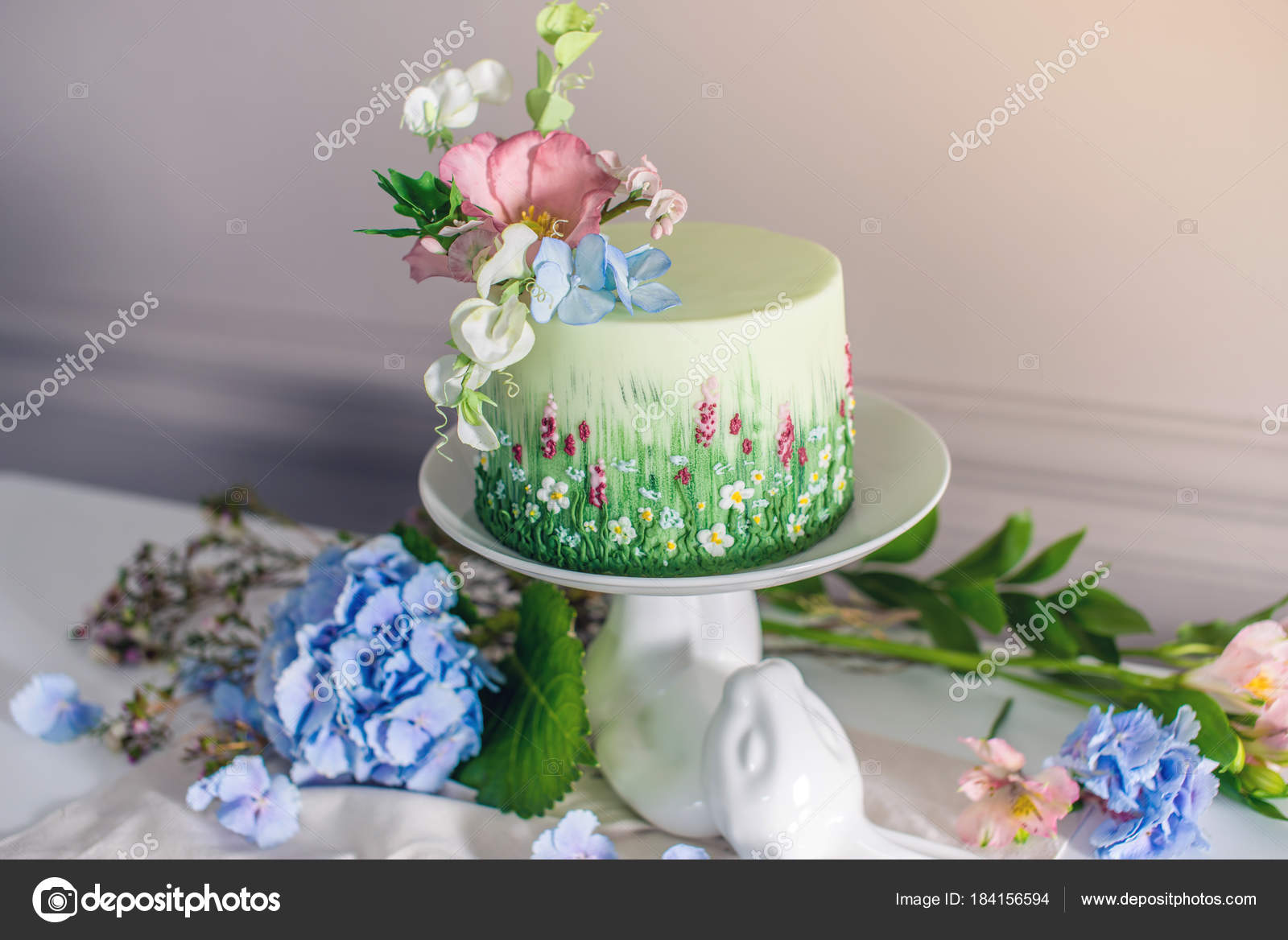 Wedding Spring Cake Decorated With Colorful Flowers And Hydrangeas