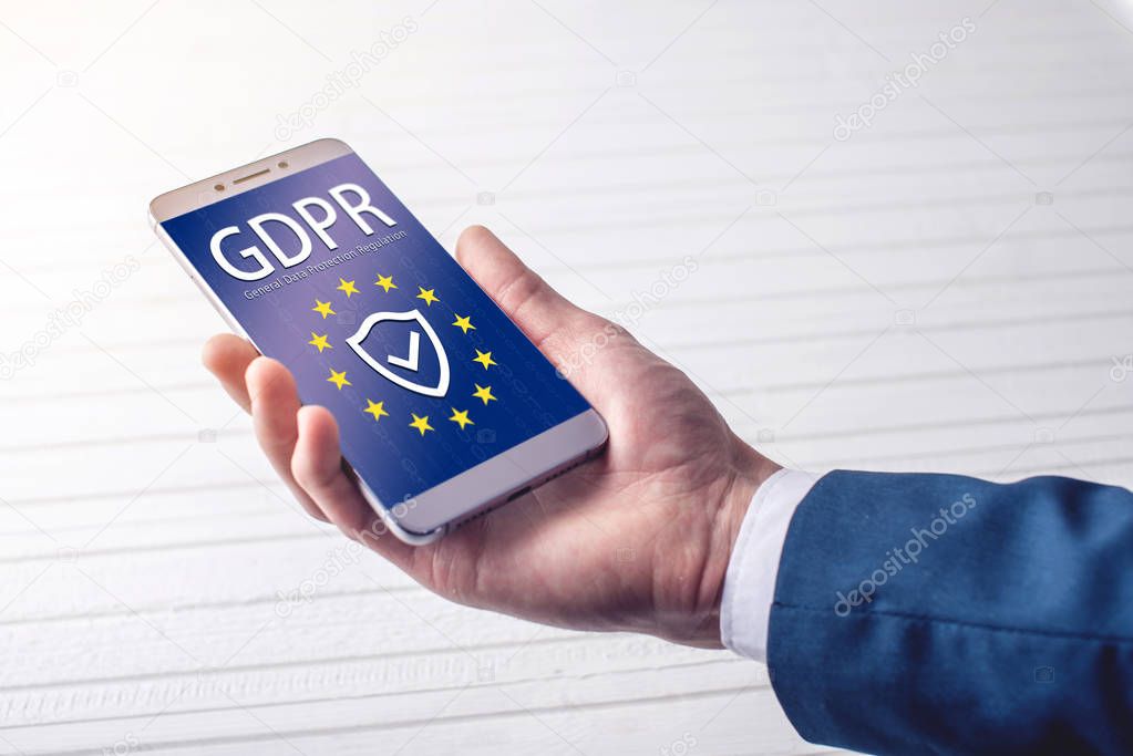 General Data Protection Regulation GDPR . The text with the EU flag depicted on tablet