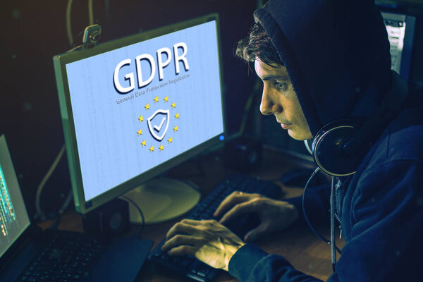 General Data Protection Regulation GDPR . Text with the icon of the shield on the monitor