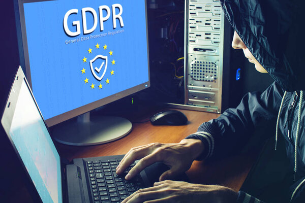 General Data Protection Regulation GDPR . Text with the icon of the shield on the monitor