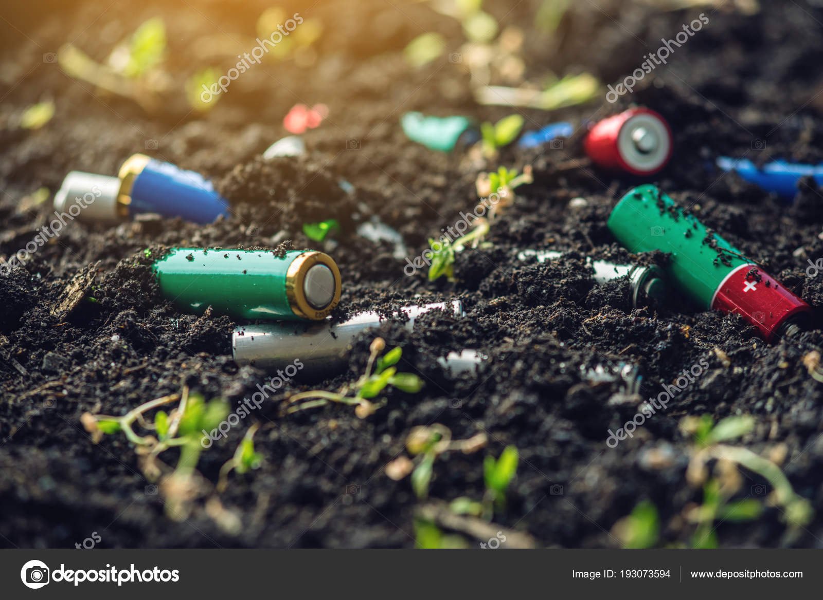 Used alkaline batteries lie in the soil where plants grow. Concept of
