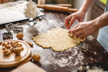 Aşçı ev hanımı renkli bir mutfakta evde Noel kurabiyesi yapıyor. Eller hamuru Noel ağacı şeklinde yapar.
