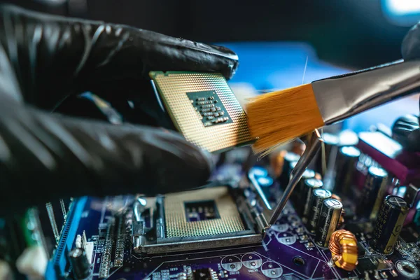 Μηχανικός επισκευαστής κρατώντας το χέρι CPU για να εισάγετε στην υποδοχή o — Φωτογραφία Αρχείου