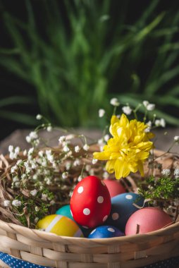Festive Easter basket with colorful bright eggs and green grass on a wooden table. Traditional spring holiday