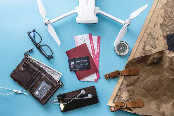 Necessary Things Flight Vacation Plane Tickets Passport Cradit Card Phone — Stock Photo, Image