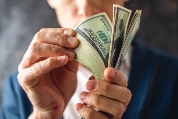 Man Businessman Suit Holds Stack Hundred Dollar Bills His Hands — Stock Photo, Image