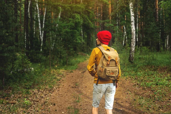 Tourist Backpack Red Hat Walking Dark Forest Trees Concept Active — Stock Photo, Image