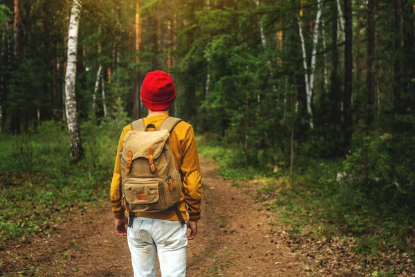 Turista Com Uma Mochila Chapéu Vermelho Está Andando Floresta Escura — Fotografia de Stock