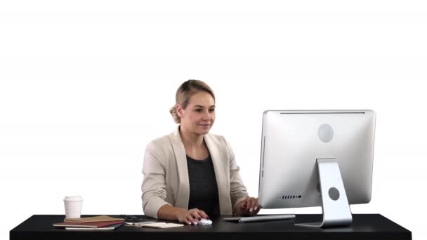 From early morning I am checking my mailbox Exciting woman working on computer, white background — Stockvideo