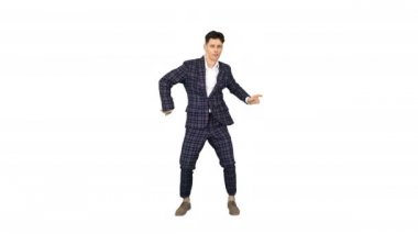 Mutlu Başarılı İşadamı Beyaz arka planda Crazy Way Dancing.