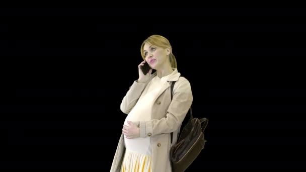 Femme enceinte dans un manteau avec sac à dos parlant au téléphone, Canal Alpha — Video