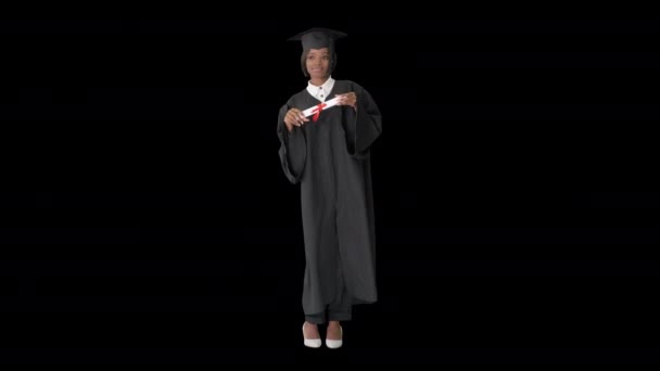 Happy afro graduating female student dance, Alpha Channel — Stock video