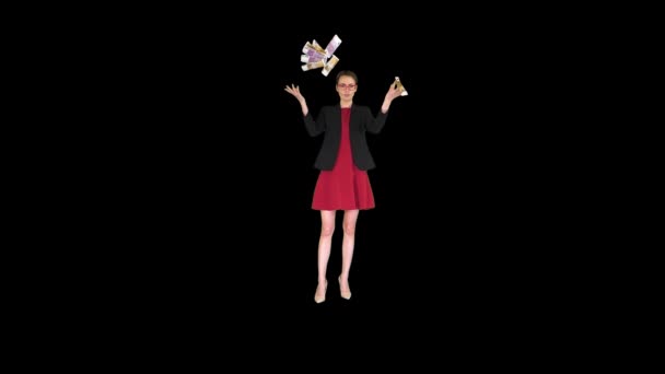 Ділова жінка в червоній сукні кидає гроші в повітря, Альфа Канал. — стокове відео