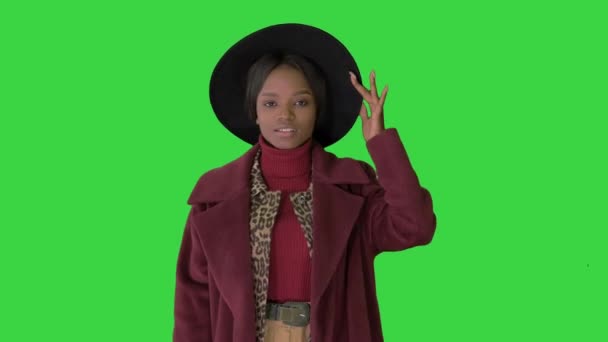 緑の画面、クロマキーの上を歩く帽子に触れるコートのかわいいアフロモデル. — ストック動画