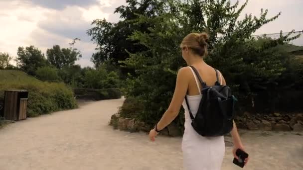 Mujer joven inteligente caminando en el parque . — Vídeos de Stock