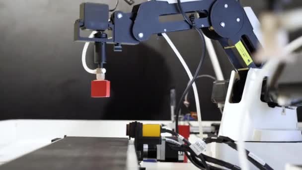 Modell des Industrieroboterarms Robotermanipulator bewegt Würfel. — Stockvideo