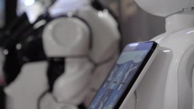 Dokunmatik ekranlı insansı robot. Robot üzerinde dokunmatik ekran kullanan kadın.