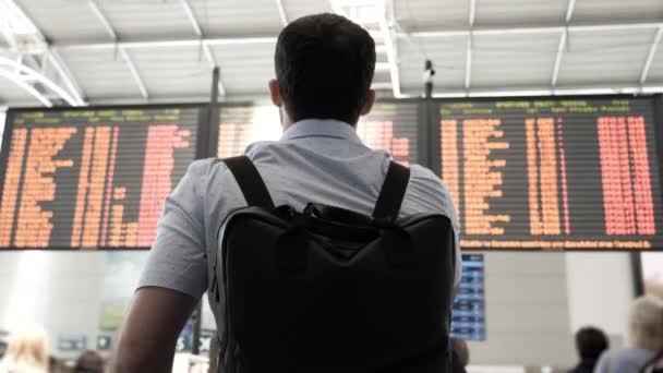 Empresario verificando información de vuelo en el aeropuerto . — Vídeo de stock