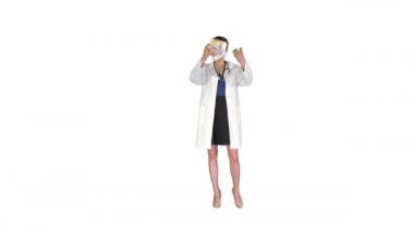Paralı doktor. Kadın doktor para fırlatıyor ve beyaz arka planda poz veriyor..