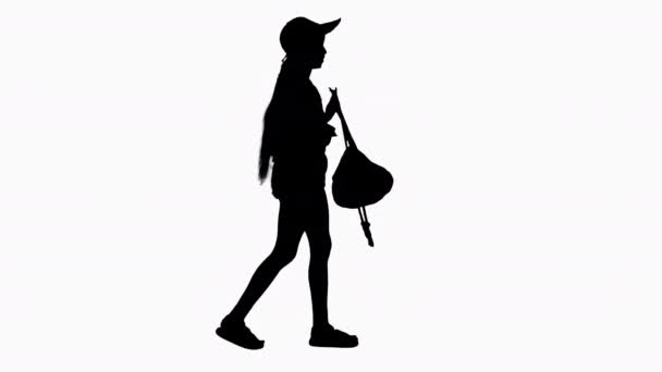 Silhouet Zomer in de stad. Mooie Afrikaanse amerikaanse vrouw lopen op straat, het dragen van modieuze tas. — Stockvideo