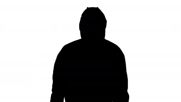 Silhouette Médecin masculin en vêtements de protection pointant vers les côtés présentant les règles de quarantaine . — Video