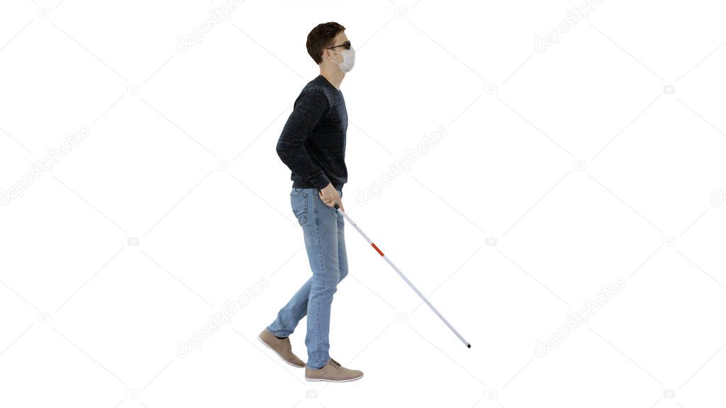 Blind Man In Medical Mask Walking on white background.