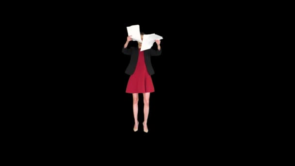 Zakenvrouw in rode jurk gooit documenten weg, Alpha Channel — Stockvideo