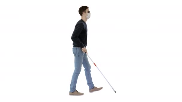Blind Man In Medical Mask Walking on white background. — Stock Video