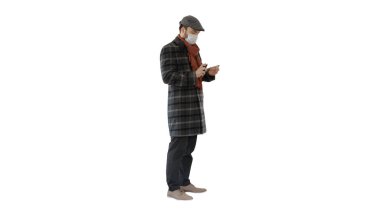 Man dressed in trenchcoat in protection mask using sanitizer for clipart