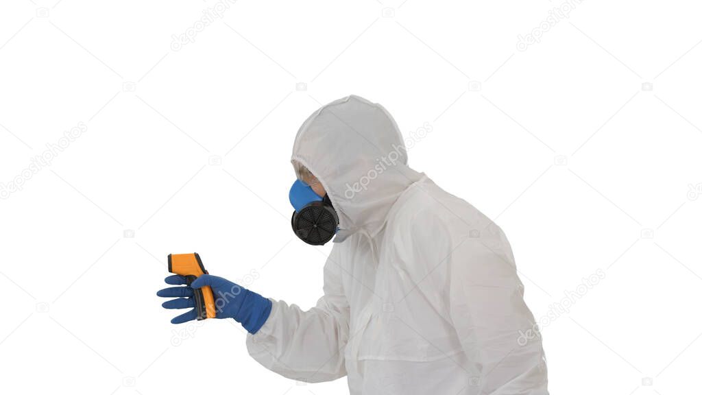 Virologist checks temperature with an infrared thermometer James