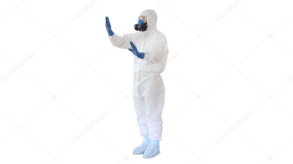 Scientist in protective suit and respirator pointing futuristic