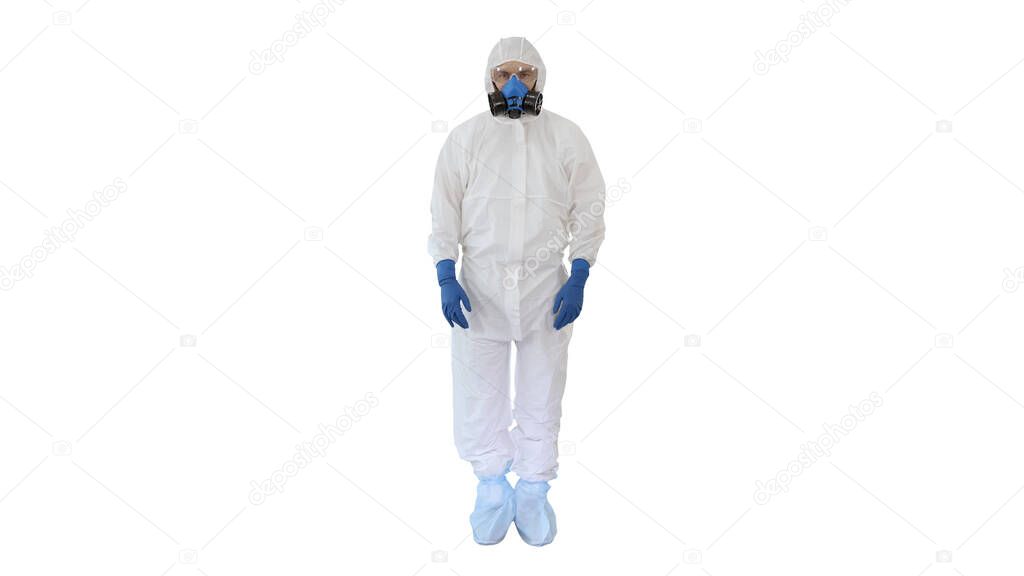 Doctor wearing protective hazard suit showing ok sign and thumb