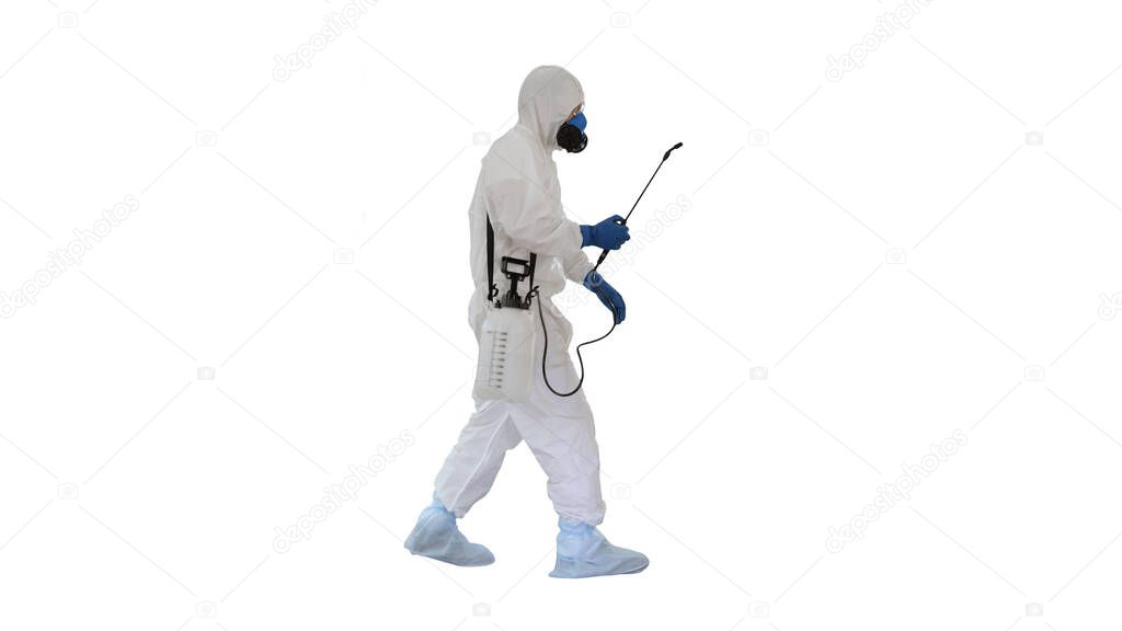 Scientist in hazmat suit walking and disinfecting against biohaz