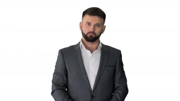 Man looking at camera and applauding on white background. — Stock Video