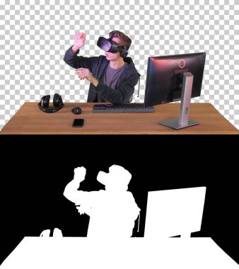 VR kulaklıklı genç adam sanal nesneleri manipüle ediyor, Alpha Ch