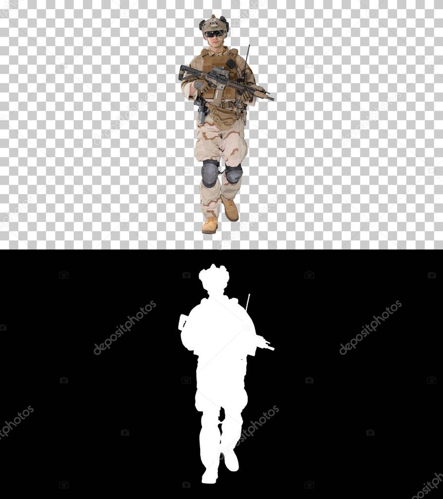 US Army soldier in combat uniform walking, Alpha Channel