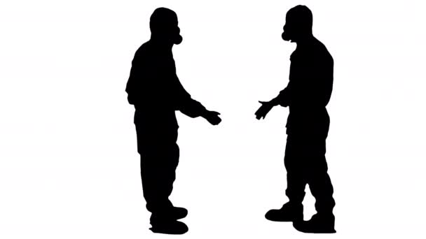Silhouet Artsen of wetenschappers in hazamat pakken ontmoeten elkaar en schudden elkaar de hand. — Stockvideo