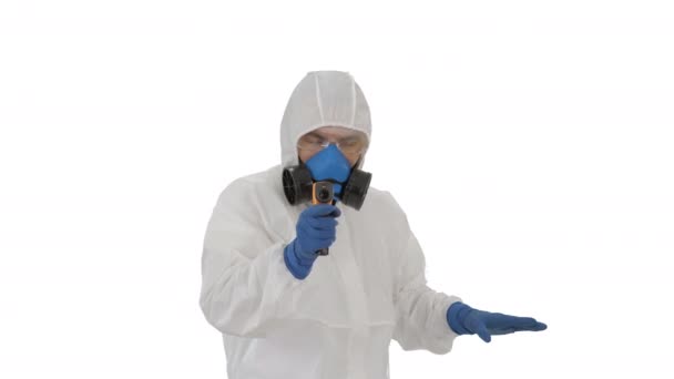 James Bond parody Doctor checking temperature on white background. — Stock Video